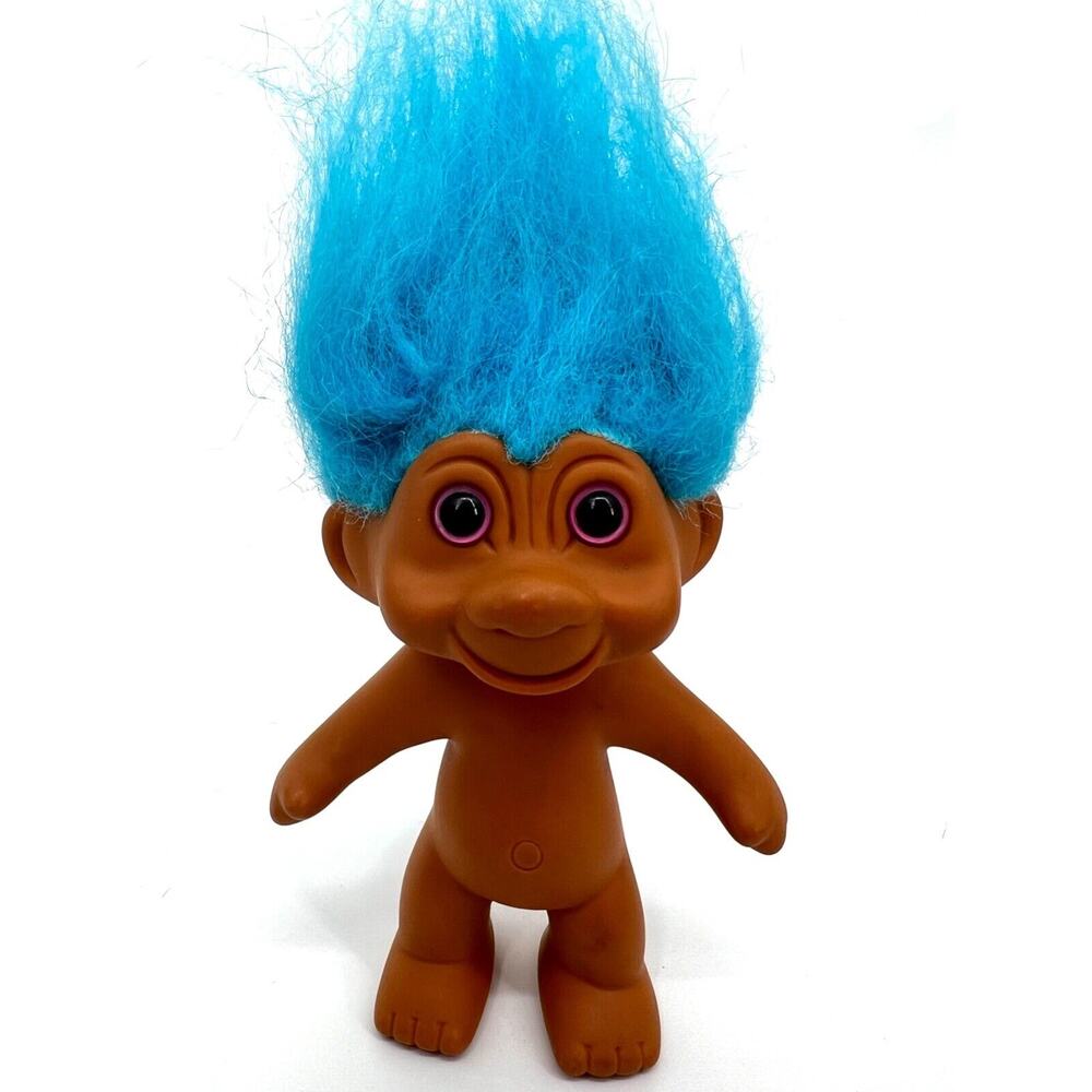 Vintage T.N.'T. Lucky Troll Doll Blue Hair Pink Eyes